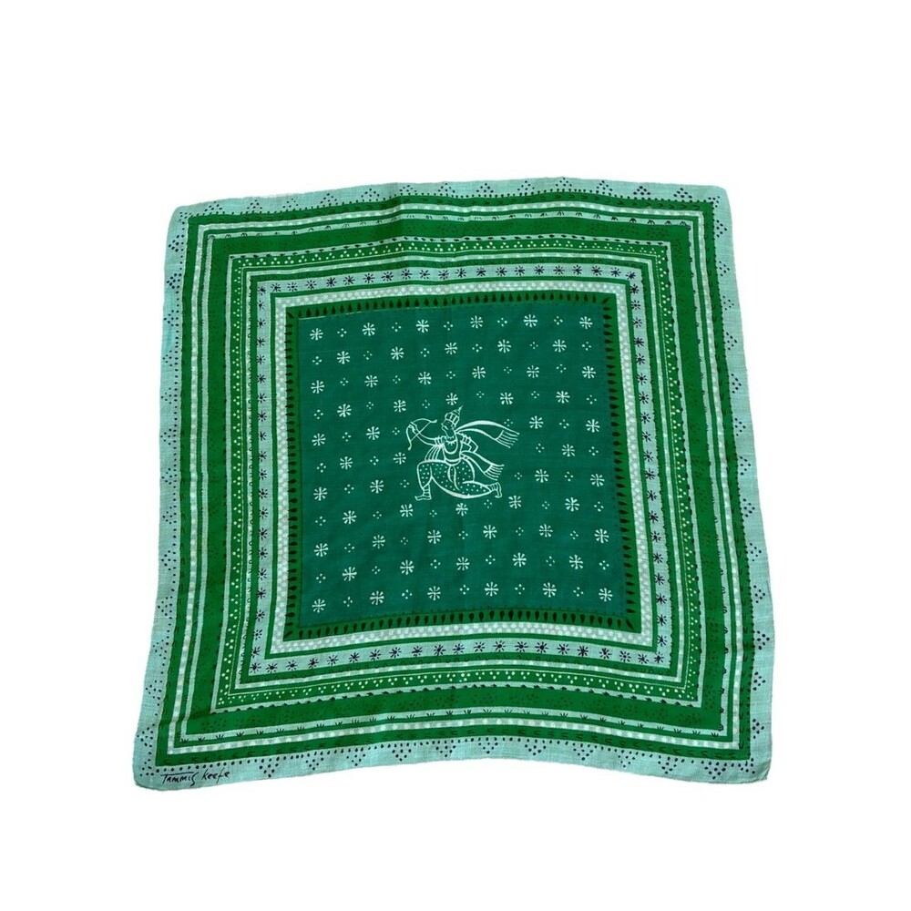 Vintage Tammis Keefe Signed Handkerchief  Green India Warrior 14”X 14”